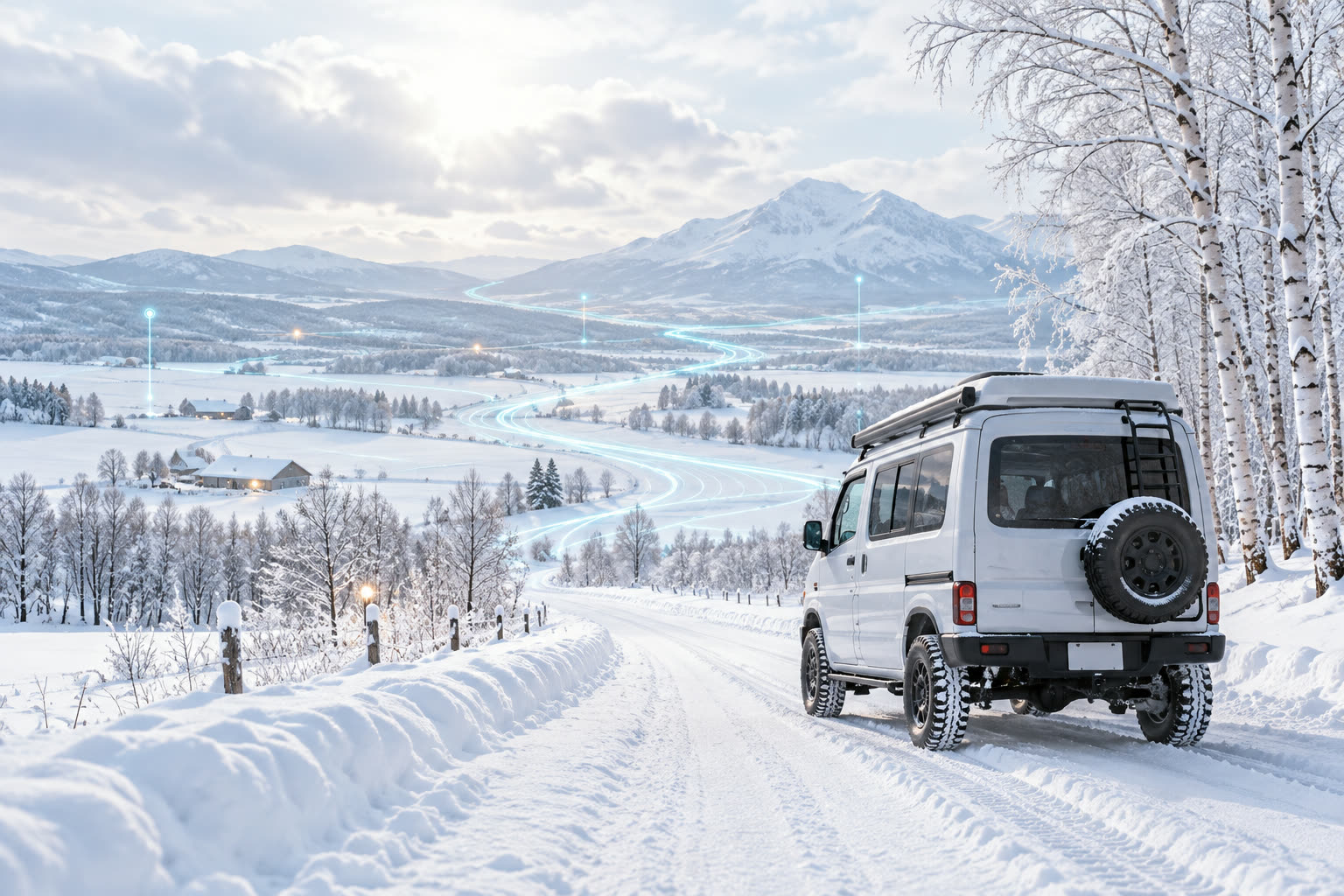 雪道に停まる白い4WDのキャンピングカーと、谷に浮かぶ光のルート線のイメージ