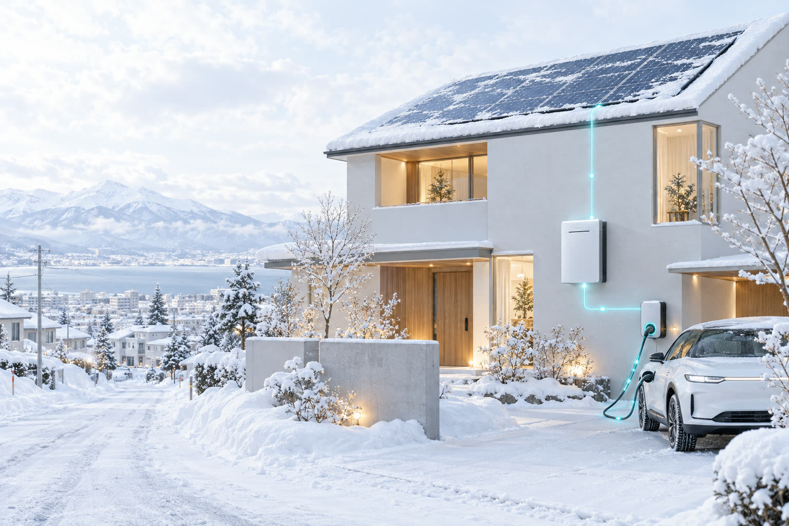 雪の住宅地の家。屋根の太陽光パネル、壁の蓄電池、EV 充電器が光の線でつながっているイメージ